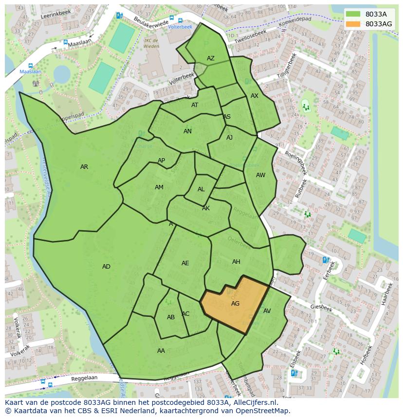 Afbeelding van het postcodegebied 8033 AG op de kaart.