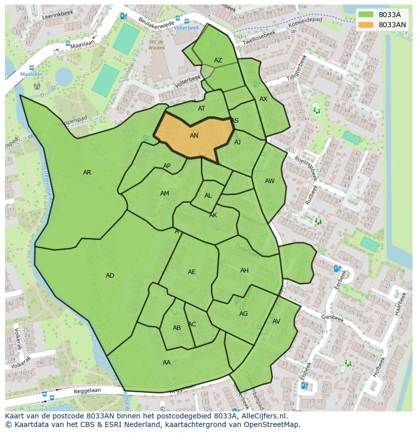 Afbeelding van het postcodegebied 8033 AN op de kaart.