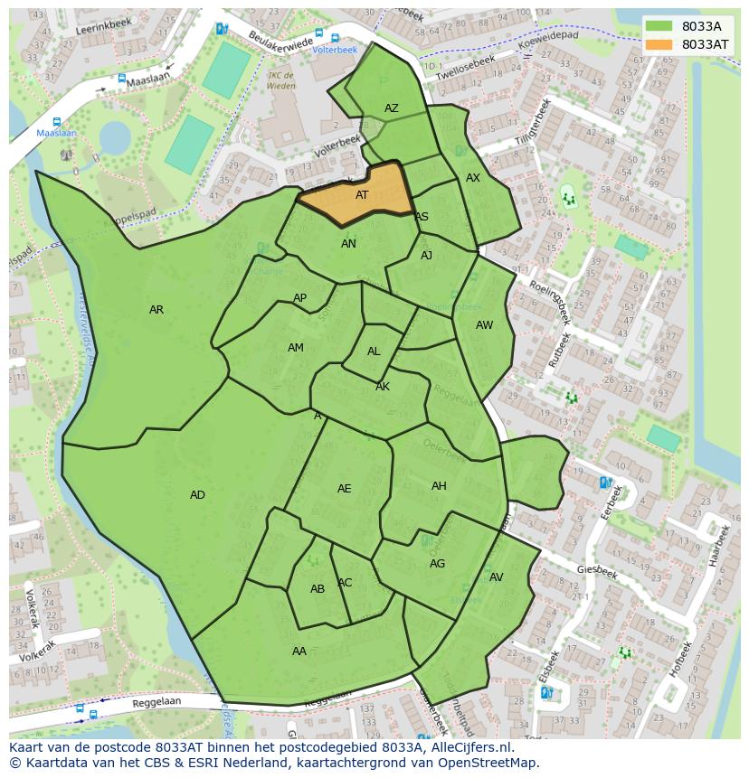 Afbeelding van het postcodegebied 8033 AT op de kaart.