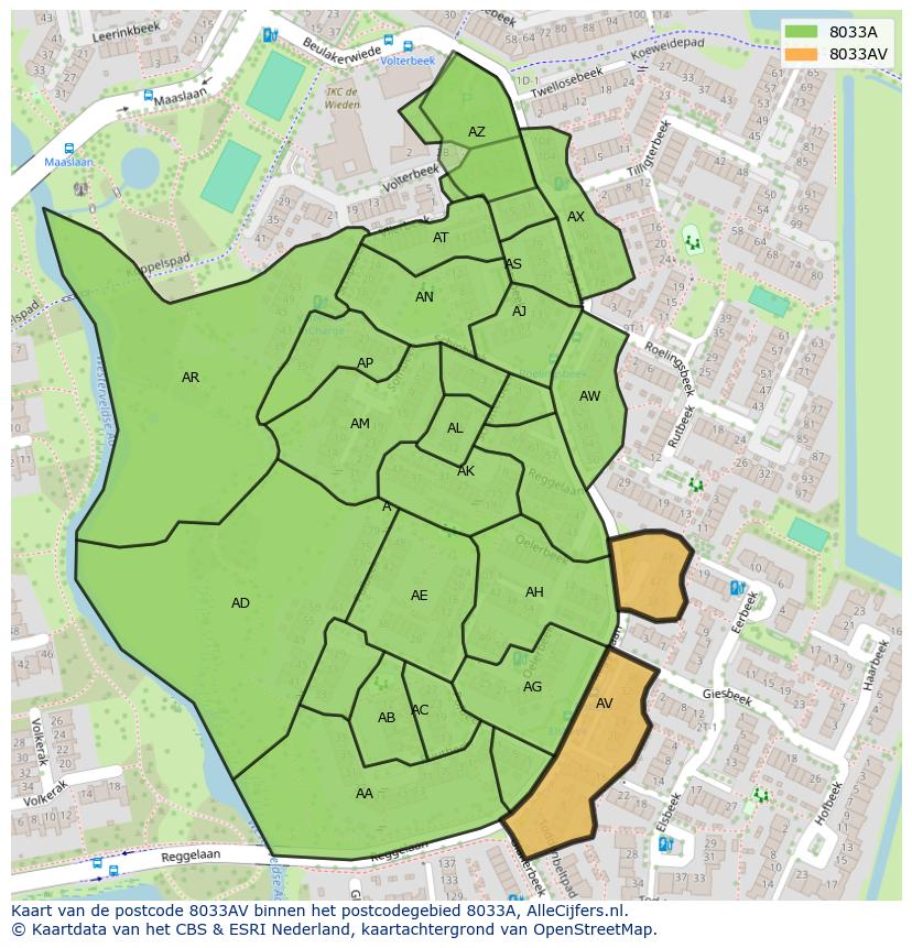 Afbeelding van het postcodegebied 8033 AV op de kaart.