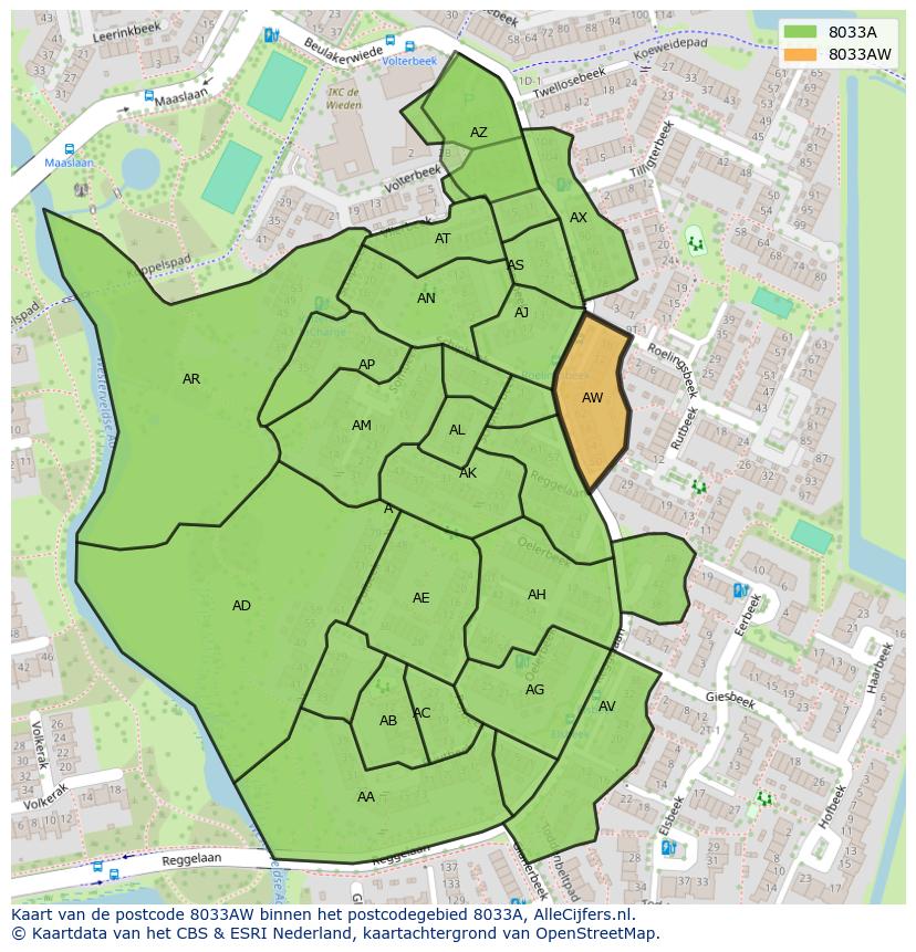 Afbeelding van het postcodegebied 8033 AW op de kaart.