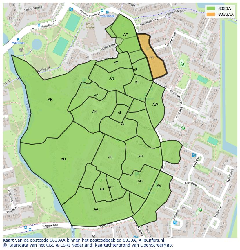 Afbeelding van het postcodegebied 8033 AX op de kaart.
