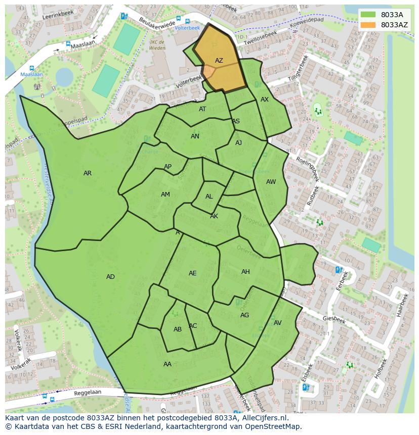 Afbeelding van het postcodegebied 8033 AZ op de kaart.