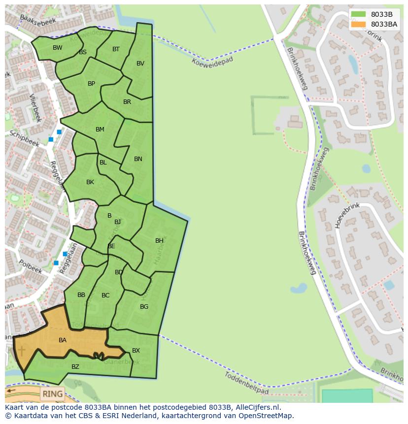 Afbeelding van het postcodegebied 8033 BA op de kaart.