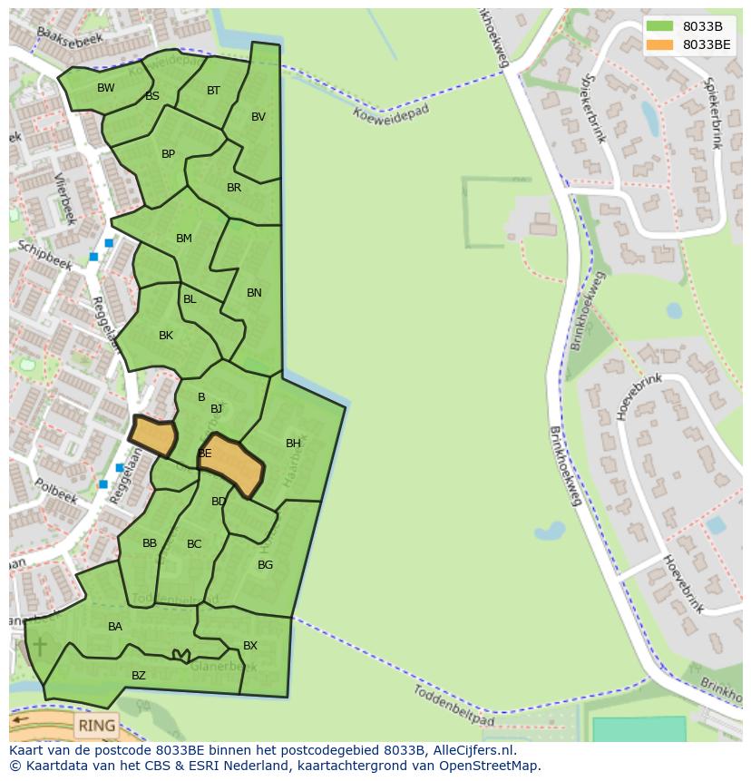 Afbeelding van het postcodegebied 8033 BE op de kaart.