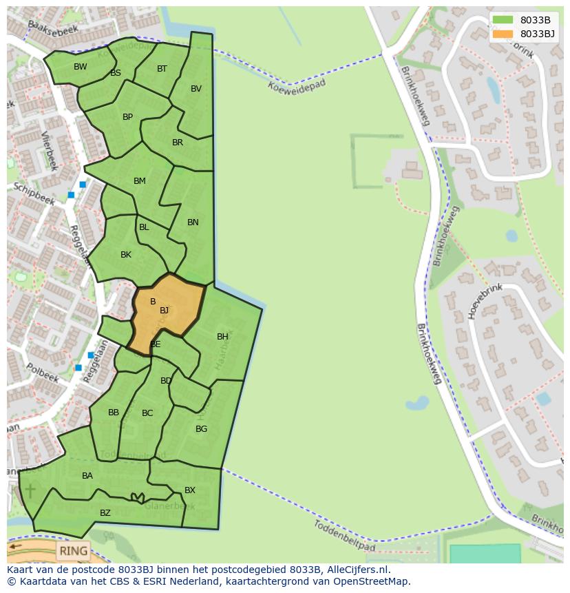 Afbeelding van het postcodegebied 8033 BJ op de kaart.