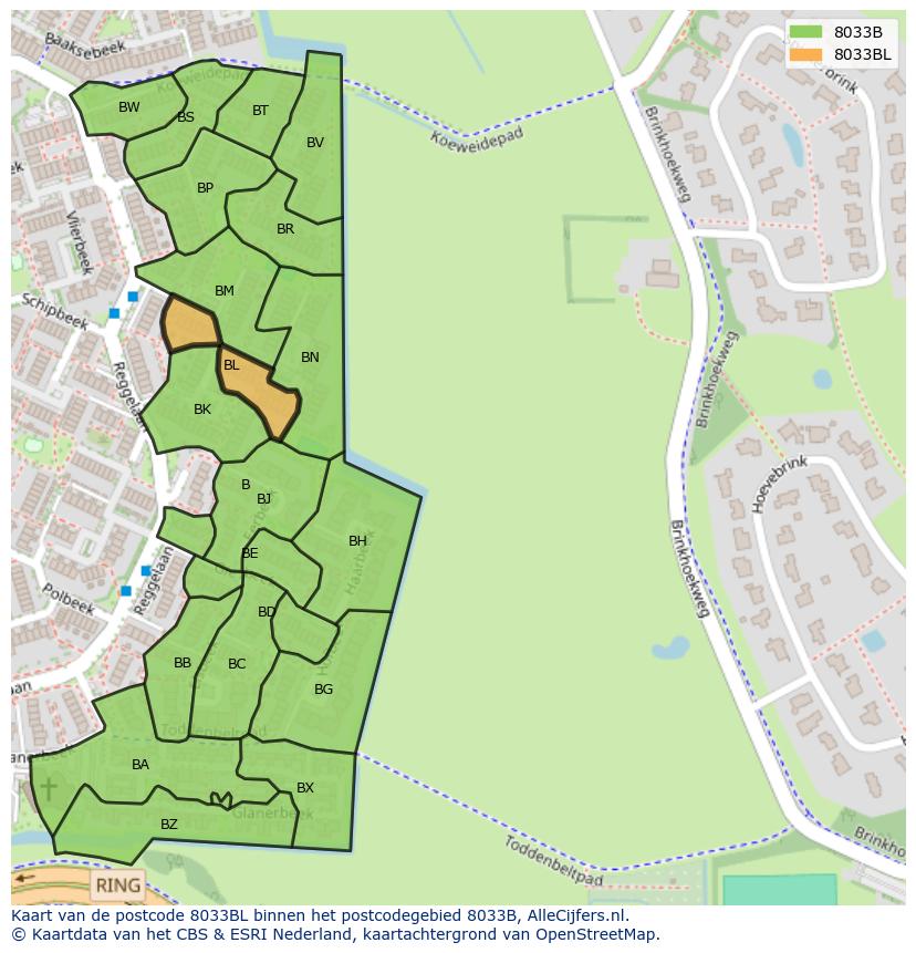 Afbeelding van het postcodegebied 8033 BL op de kaart.