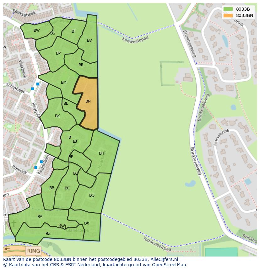 Afbeelding van het postcodegebied 8033 BN op de kaart.