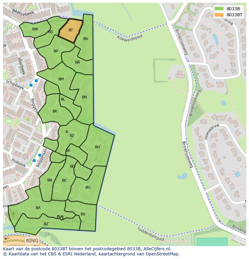 Afbeelding van het postcodegebied 8033 BT op de kaart.