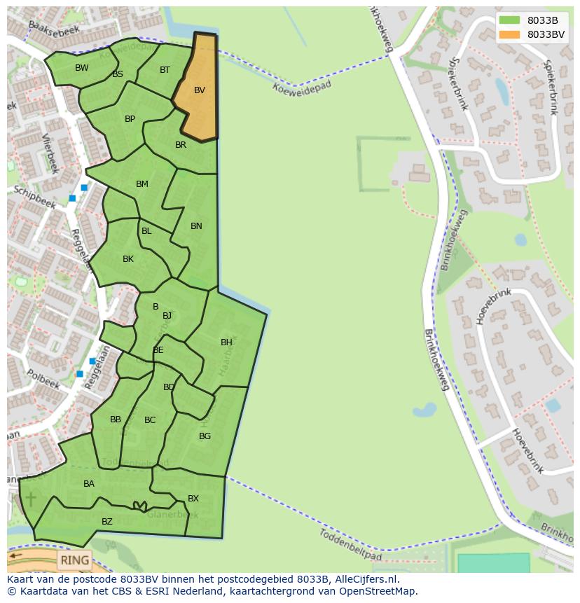 Afbeelding van het postcodegebied 8033 BV op de kaart.
