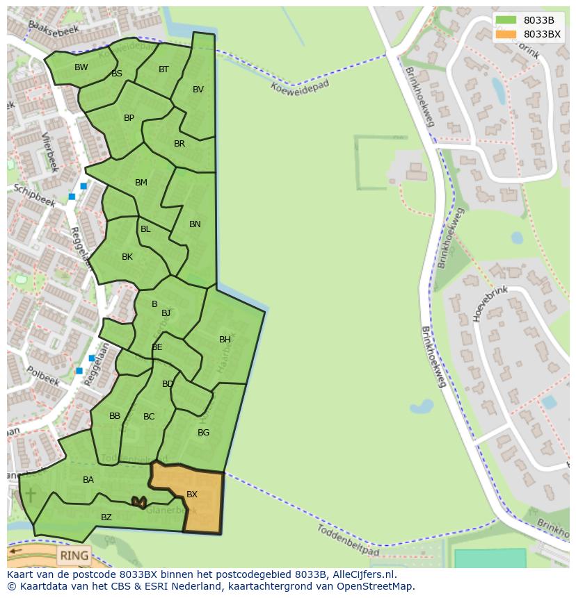 Afbeelding van het postcodegebied 8033 BX op de kaart.