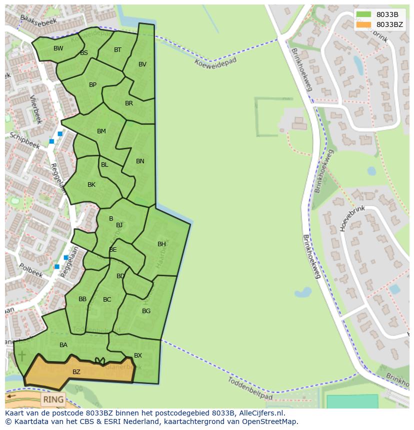 Afbeelding van het postcodegebied 8033 BZ op de kaart.