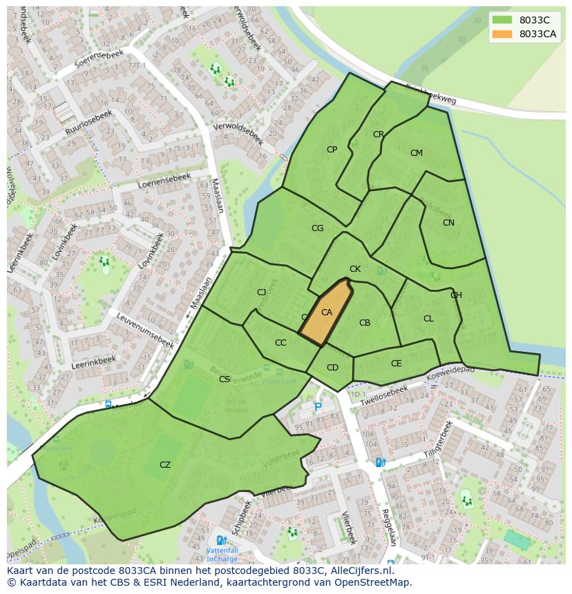 Afbeelding van het postcodegebied 8033 CA op de kaart.
