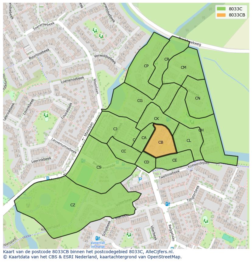 Afbeelding van het postcodegebied 8033 CB op de kaart.