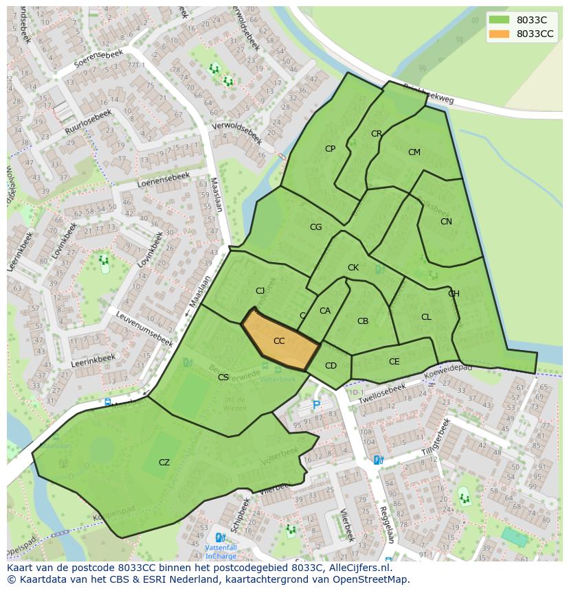 Afbeelding van het postcodegebied 8033 CC op de kaart.
