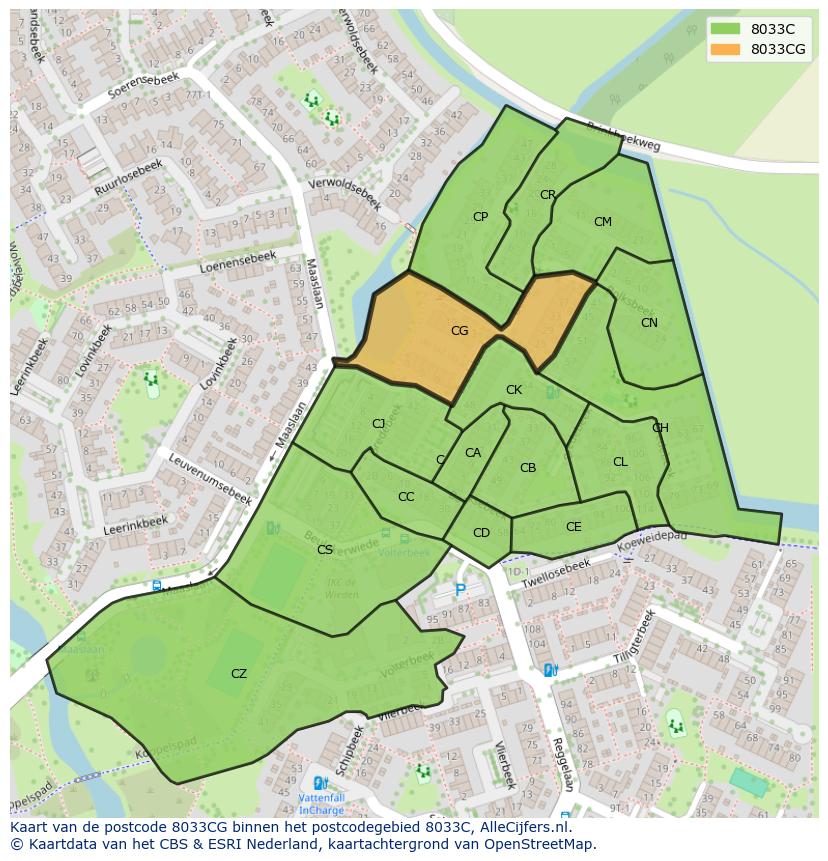 Afbeelding van het postcodegebied 8033 CG op de kaart.