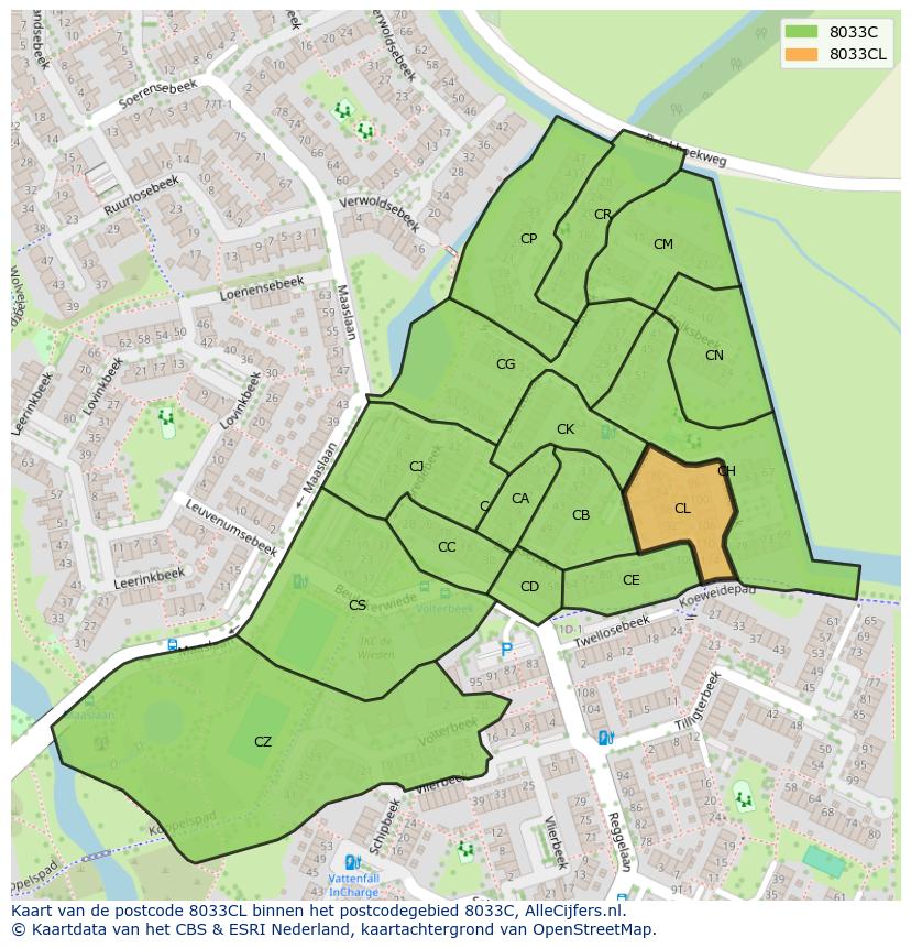 Afbeelding van het postcodegebied 8033 CL op de kaart.