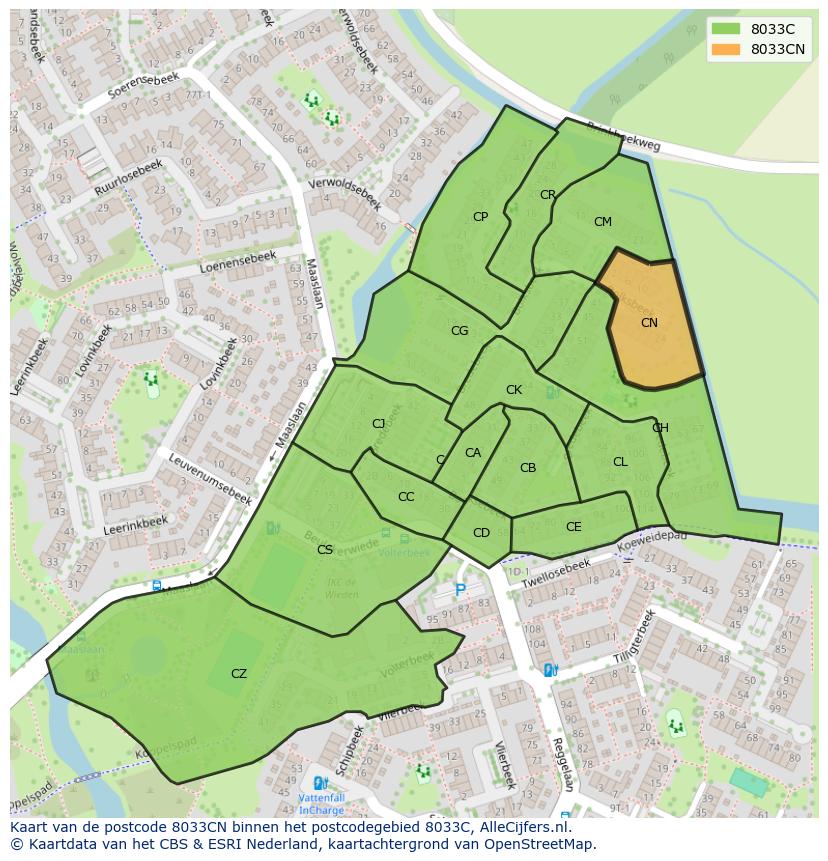 Afbeelding van het postcodegebied 8033 CN op de kaart.