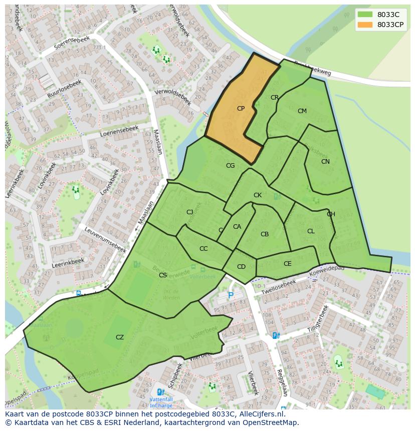 Afbeelding van het postcodegebied 8033 CP op de kaart.