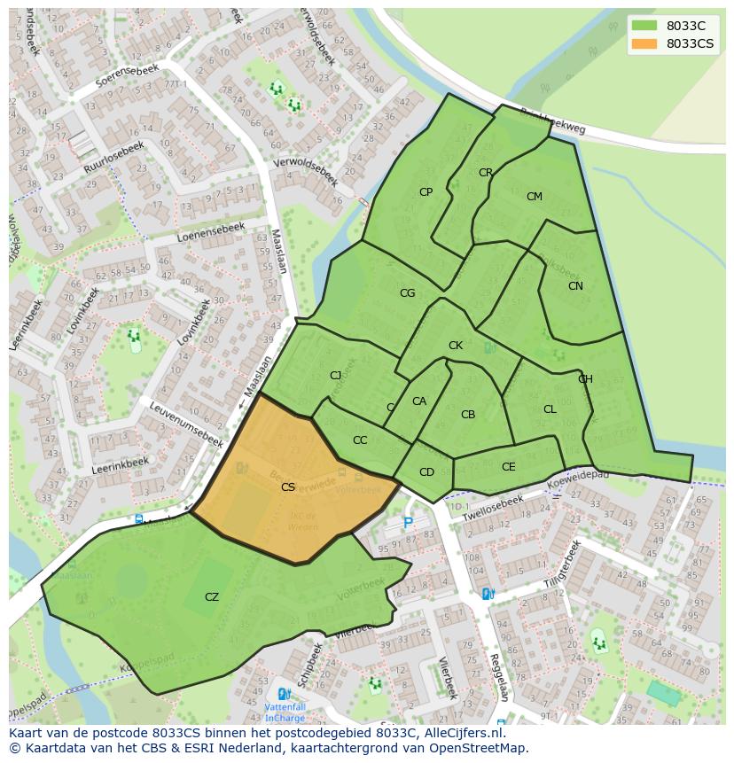 Afbeelding van het postcodegebied 8033 CS op de kaart.
