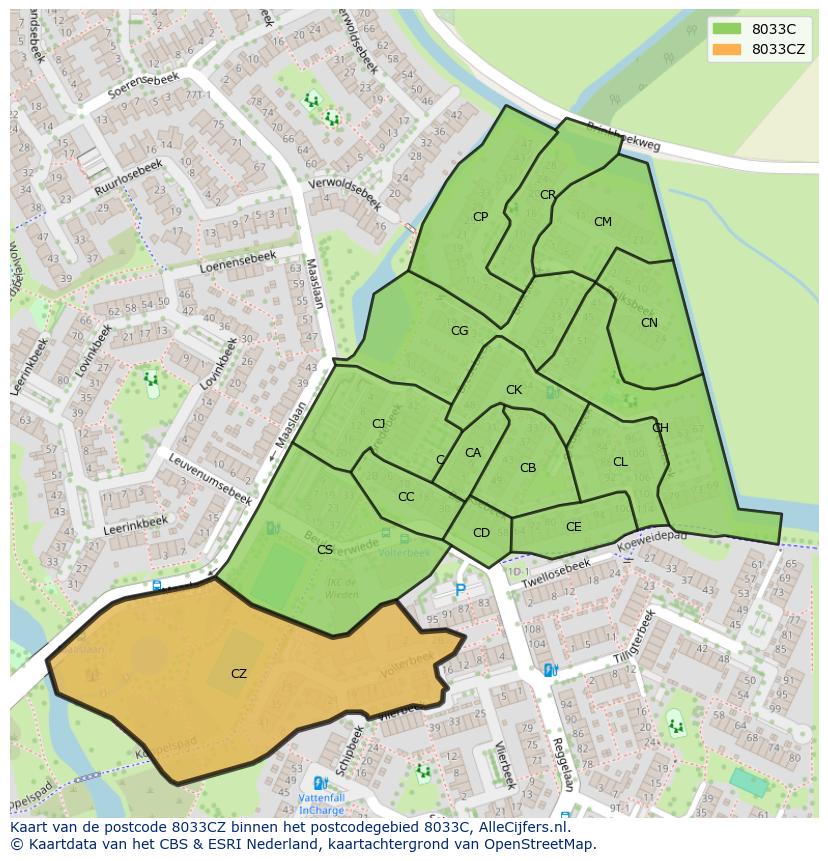 Afbeelding van het postcodegebied 8033 CZ op de kaart.