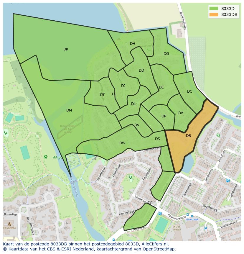 Afbeelding van het postcodegebied 8033 DB op de kaart.