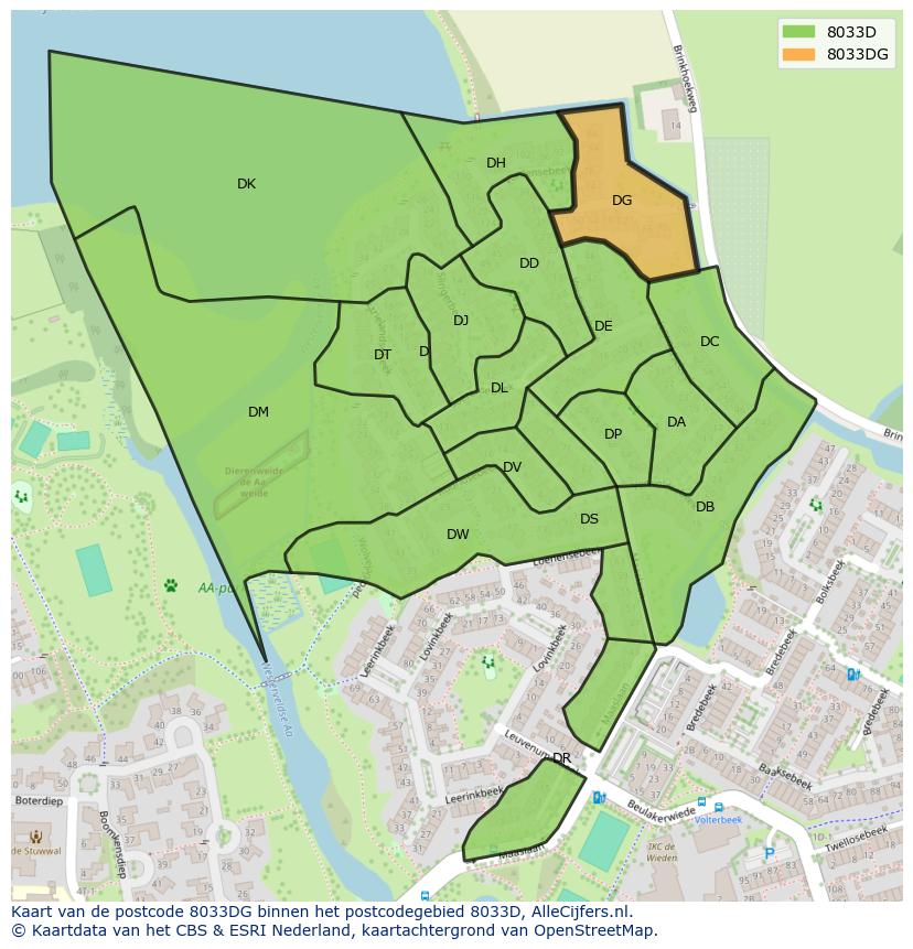 Afbeelding van het postcodegebied 8033 DG op de kaart.