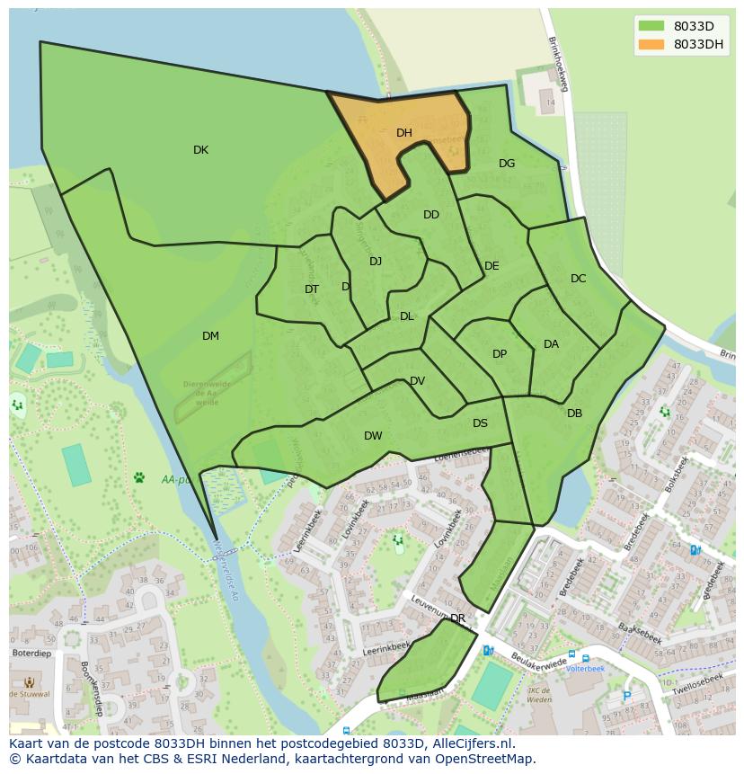 Afbeelding van het postcodegebied 8033 DH op de kaart.