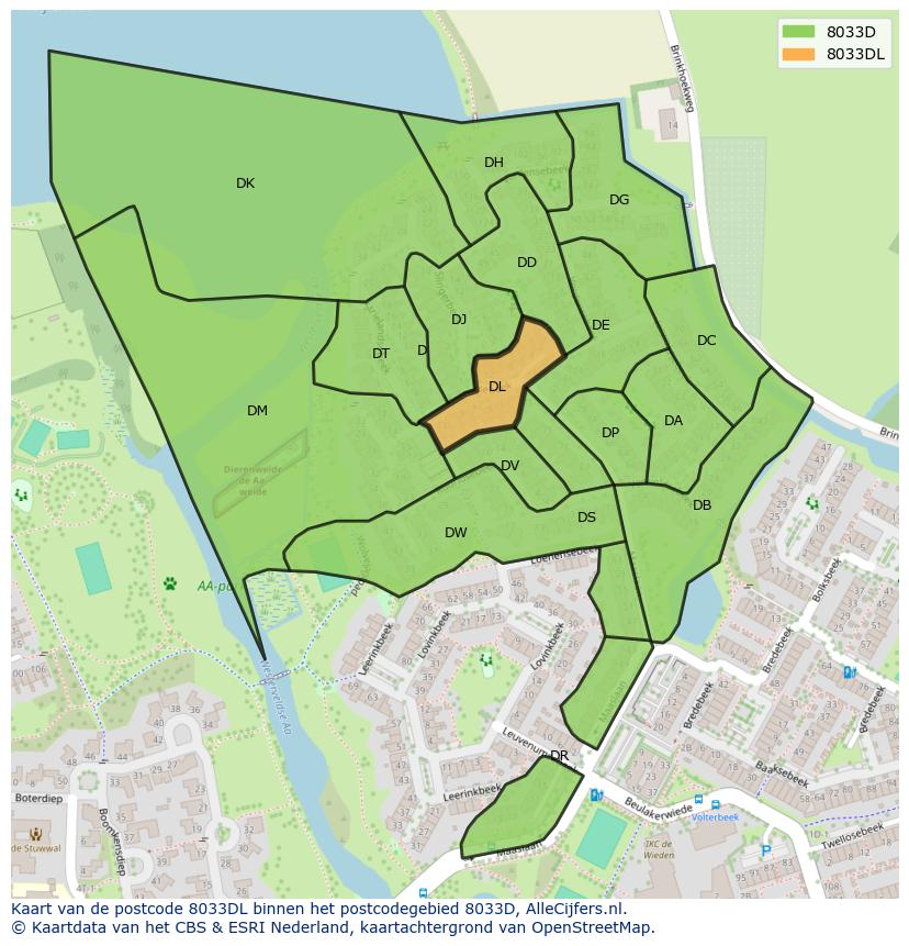 Afbeelding van het postcodegebied 8033 DL op de kaart.