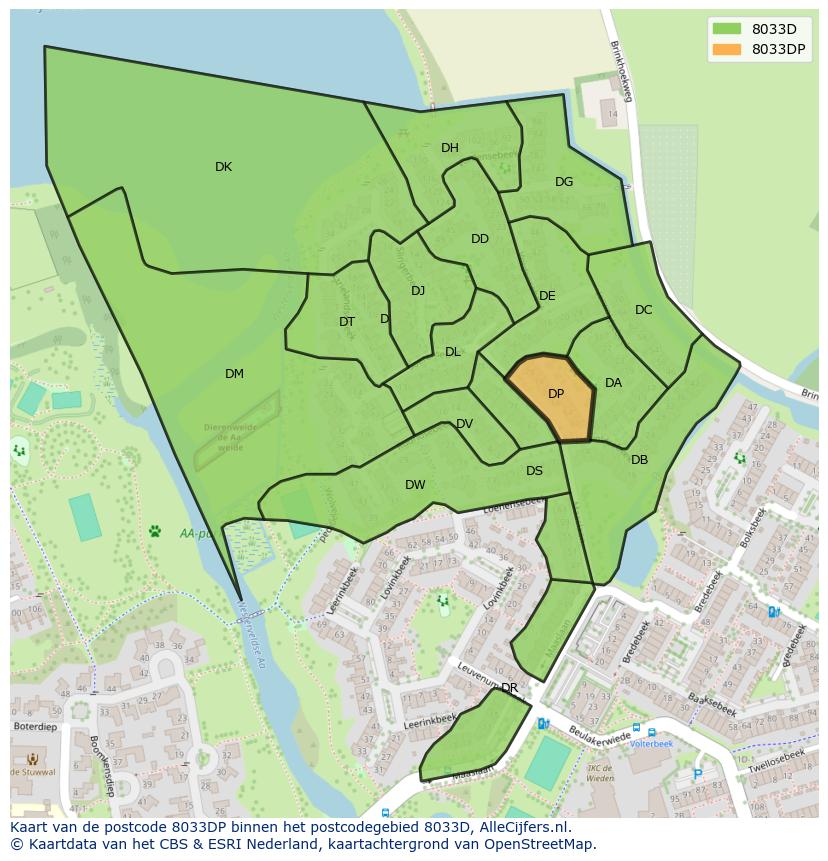 Afbeelding van het postcodegebied 8033 DP op de kaart.