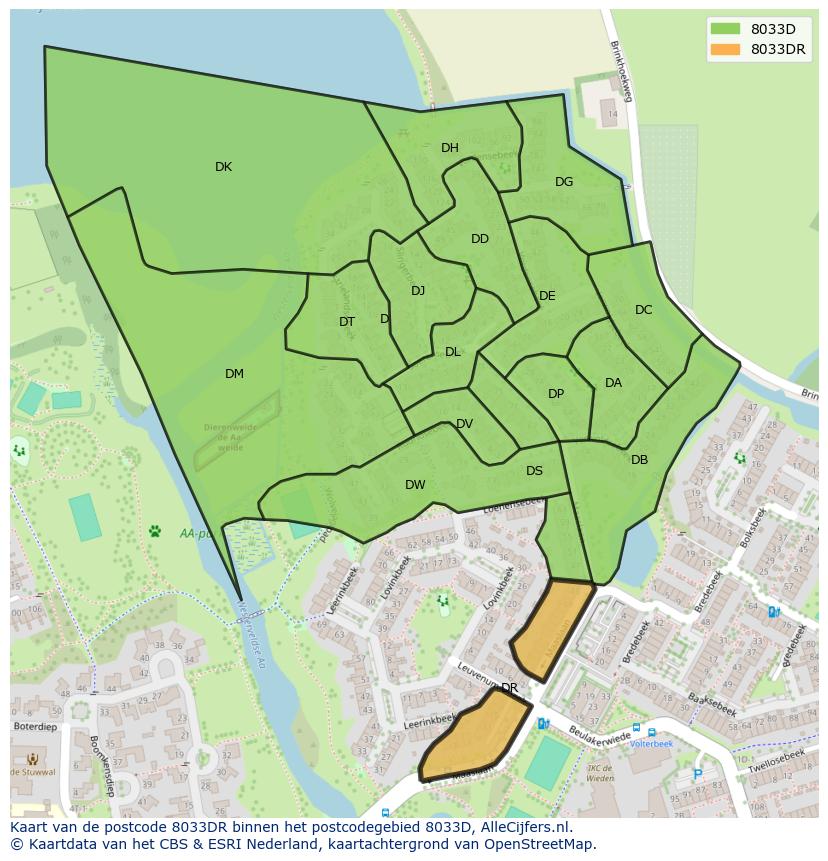 Afbeelding van het postcodegebied 8033 DR op de kaart.