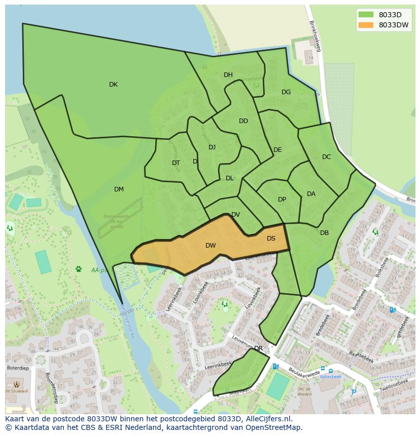 Afbeelding van het postcodegebied 8033 DW op de kaart.