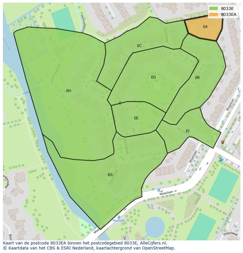 Afbeelding van het postcodegebied 8033 EA op de kaart.