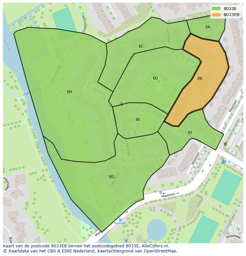 Afbeelding van het postcodegebied 8033 EB op de kaart.