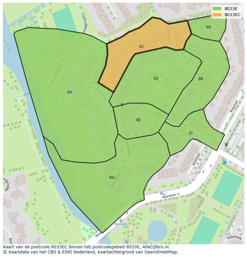 Afbeelding van het postcodegebied 8033 EC op de kaart.