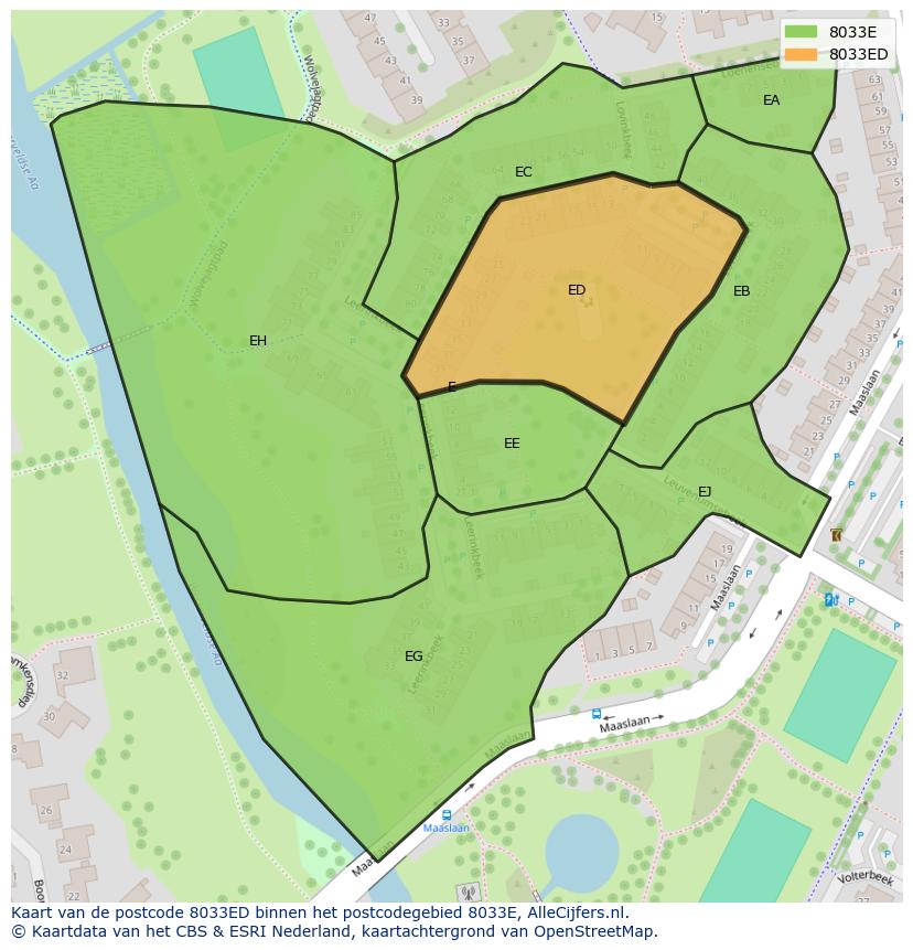 Afbeelding van het postcodegebied 8033 ED op de kaart.