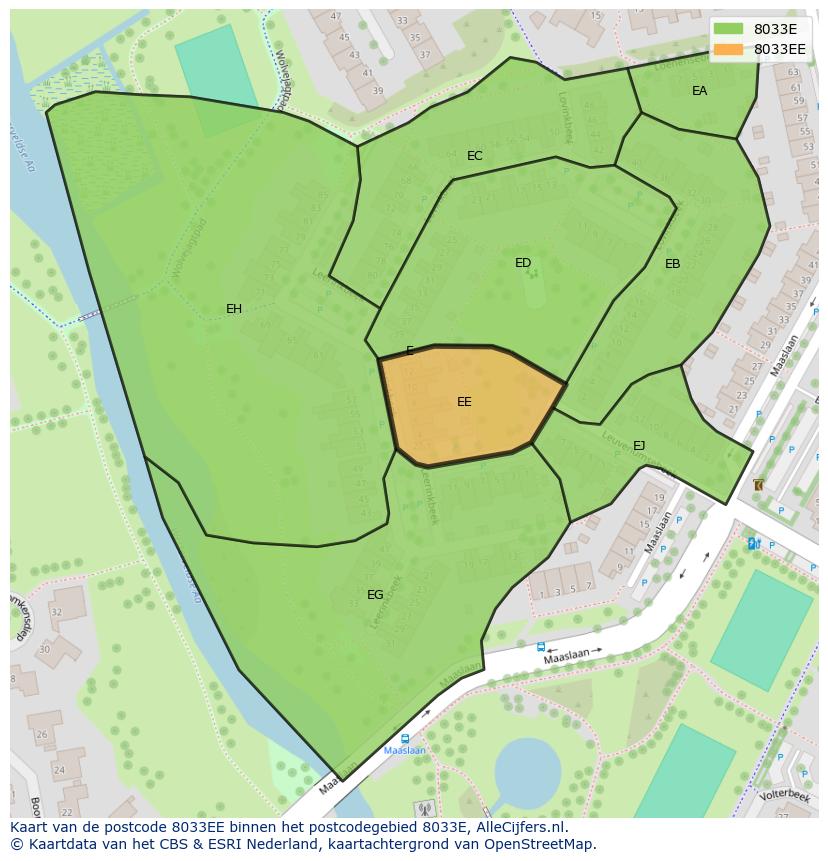 Afbeelding van het postcodegebied 8033 EE op de kaart.
