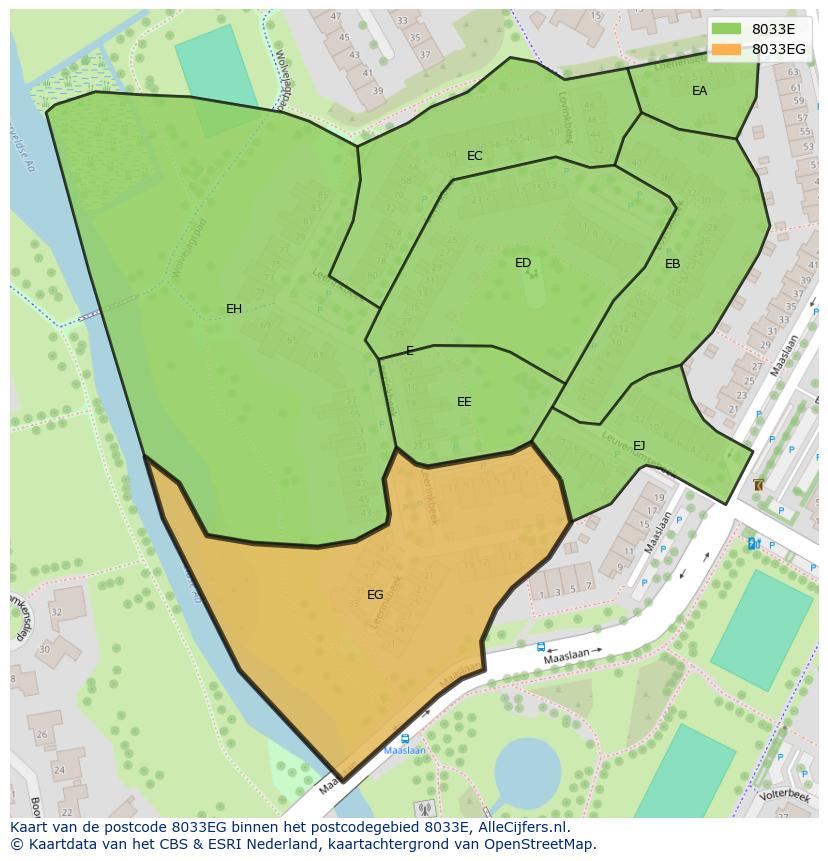 Afbeelding van het postcodegebied 8033 EG op de kaart.