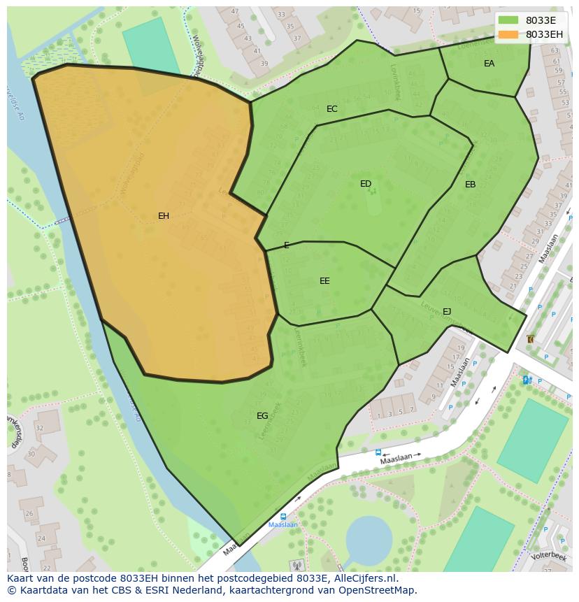 Afbeelding van het postcodegebied 8033 EH op de kaart.