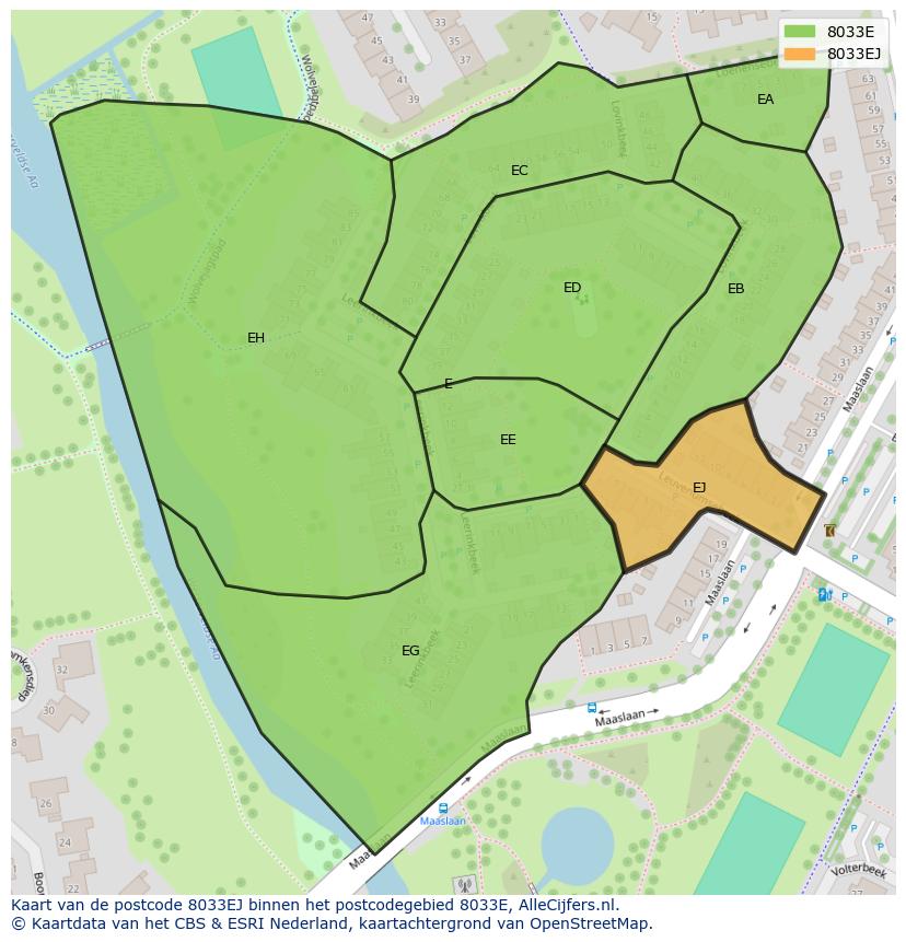 Afbeelding van het postcodegebied 8033 EJ op de kaart.