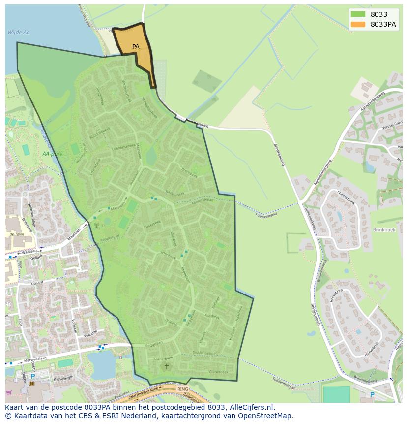 Afbeelding van het postcodegebied 8033 PA op de kaart.