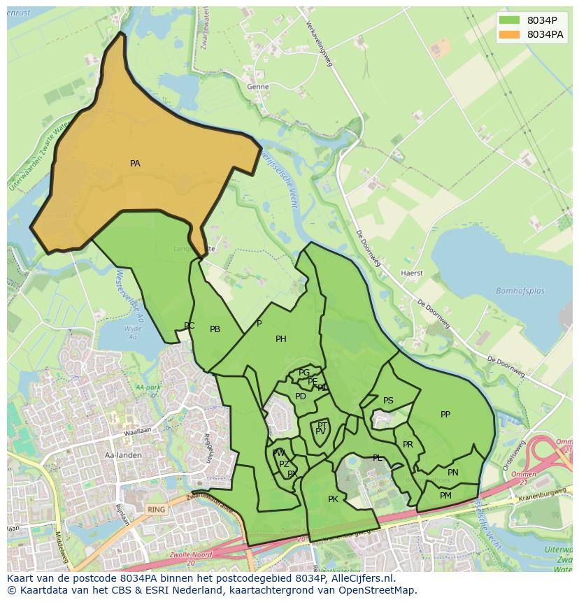 Afbeelding van het postcodegebied 8034 PA op de kaart.