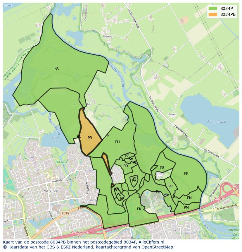 Afbeelding van het postcodegebied 8034 PB op de kaart.