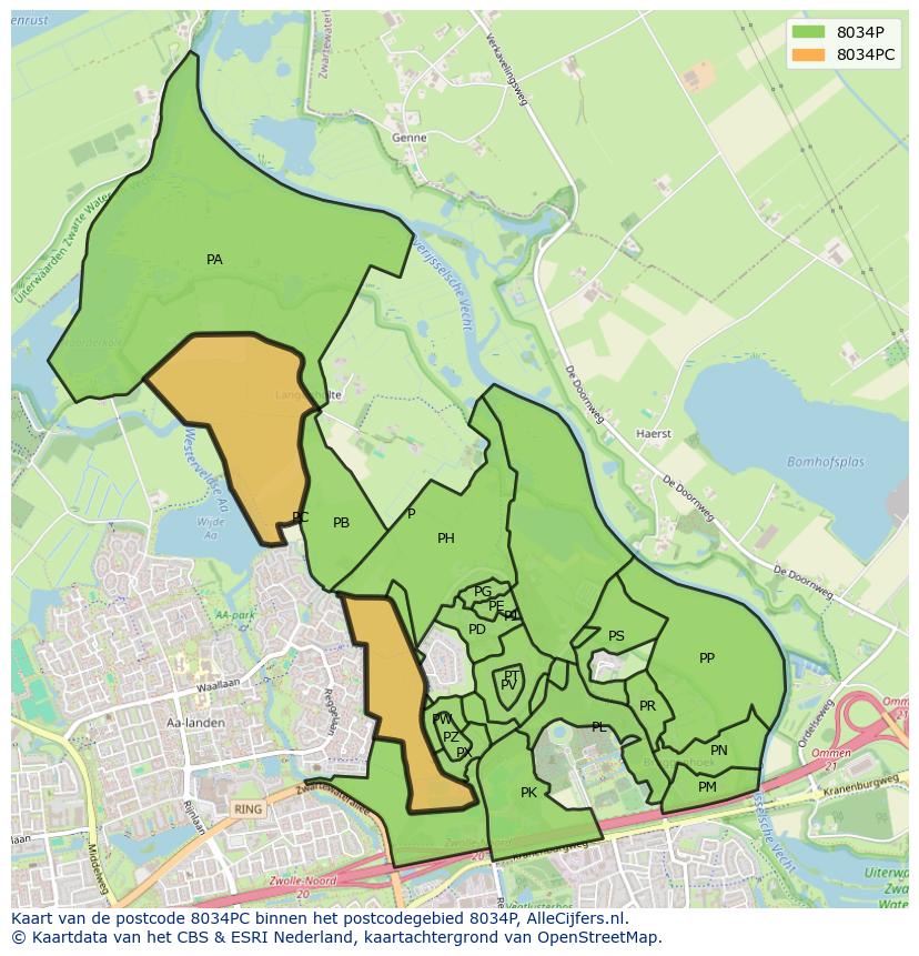 Afbeelding van het postcodegebied 8034 PC op de kaart.