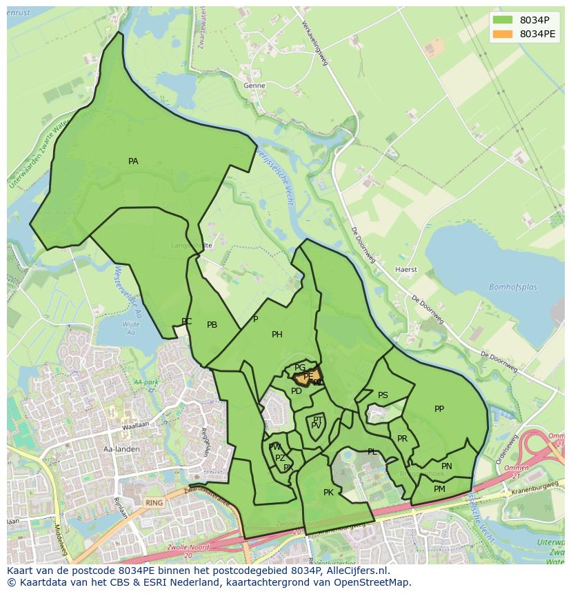 Afbeelding van het postcodegebied 8034 PE op de kaart.