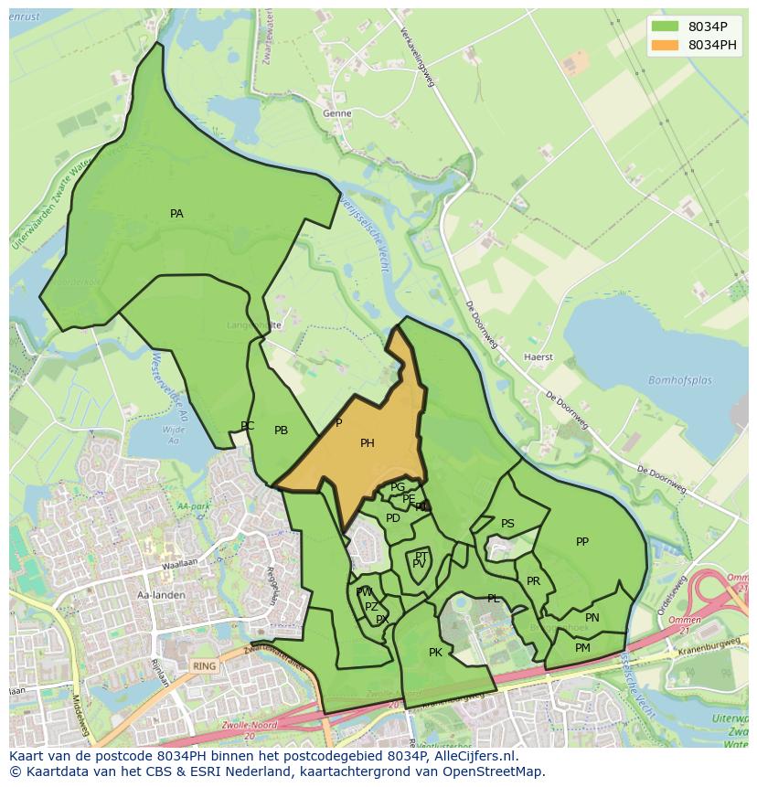 Afbeelding van het postcodegebied 8034 PH op de kaart.