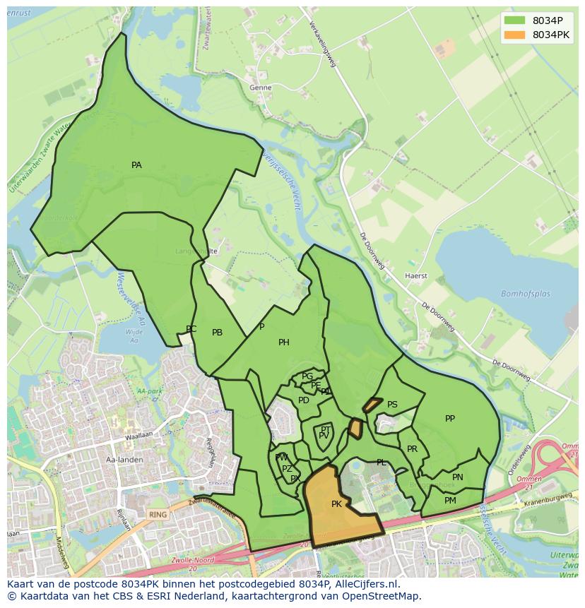 Afbeelding van het postcodegebied 8034 PK op de kaart.