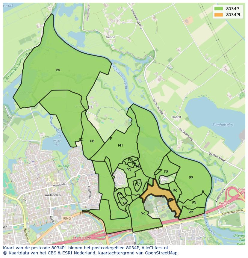 Afbeelding van het postcodegebied 8034 PL op de kaart.