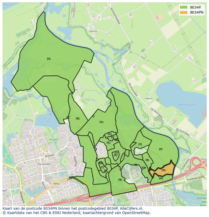 Afbeelding van het postcodegebied 8034 PN op de kaart.