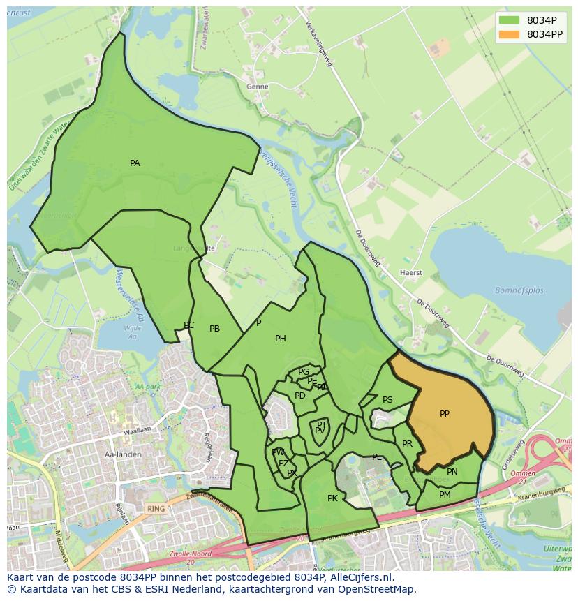Afbeelding van het postcodegebied 8034 PP op de kaart.